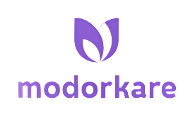 Modorkare logo with a purple leaf-like symbol on a white background