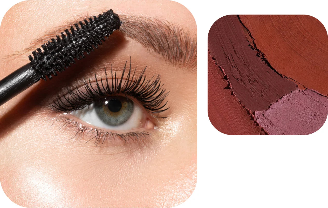 Close-up of a woman's eye with mascara, followed by a swatch of makeup colors.