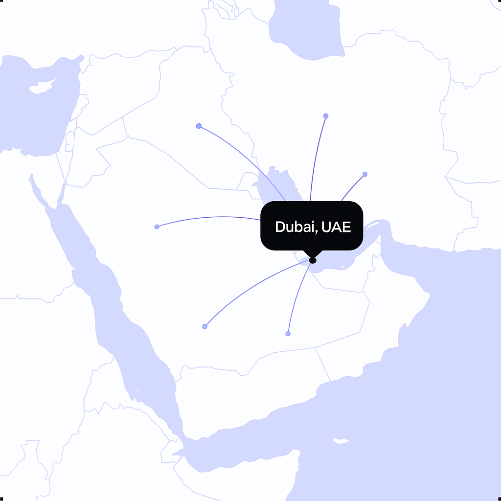 Map of Dubai, UAE with a black marker indicating the location.