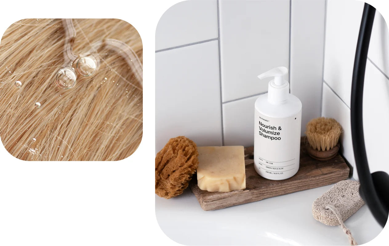 Bathroom setting with a bottle of shampoo, loofah, and bath sponge on a tray.