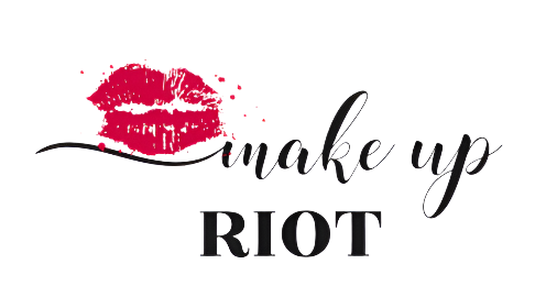 Makeup brand logo with red lipstick kiss mark and 'make up RIOT' text on a white background