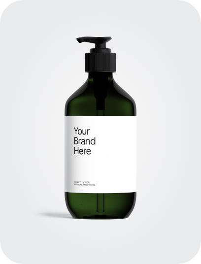Green bottle with pump and white label on a light gray background